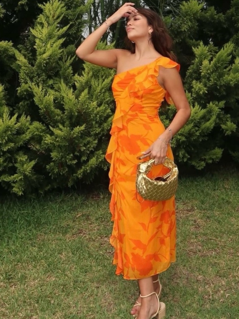 Taylor One Shoulder Shimmer Ruffle Midi Dress, Orange Floral – Size 2